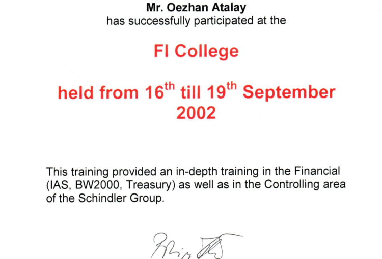 FI Colleague Schindler Sertifikası FI Colleague Schindler Sertifikası