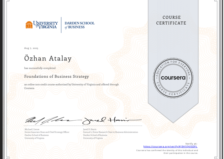 Certificate for Foundations of Business Strategy - University of Virginia Certificate for Foundations of Business Strategy - University of Virginia